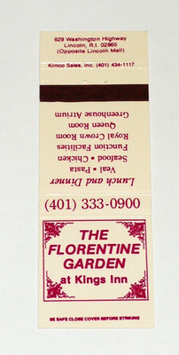 Vintage Florentine Garden at Kings Inn Restaurant Matchbook Cover Lincoln RI