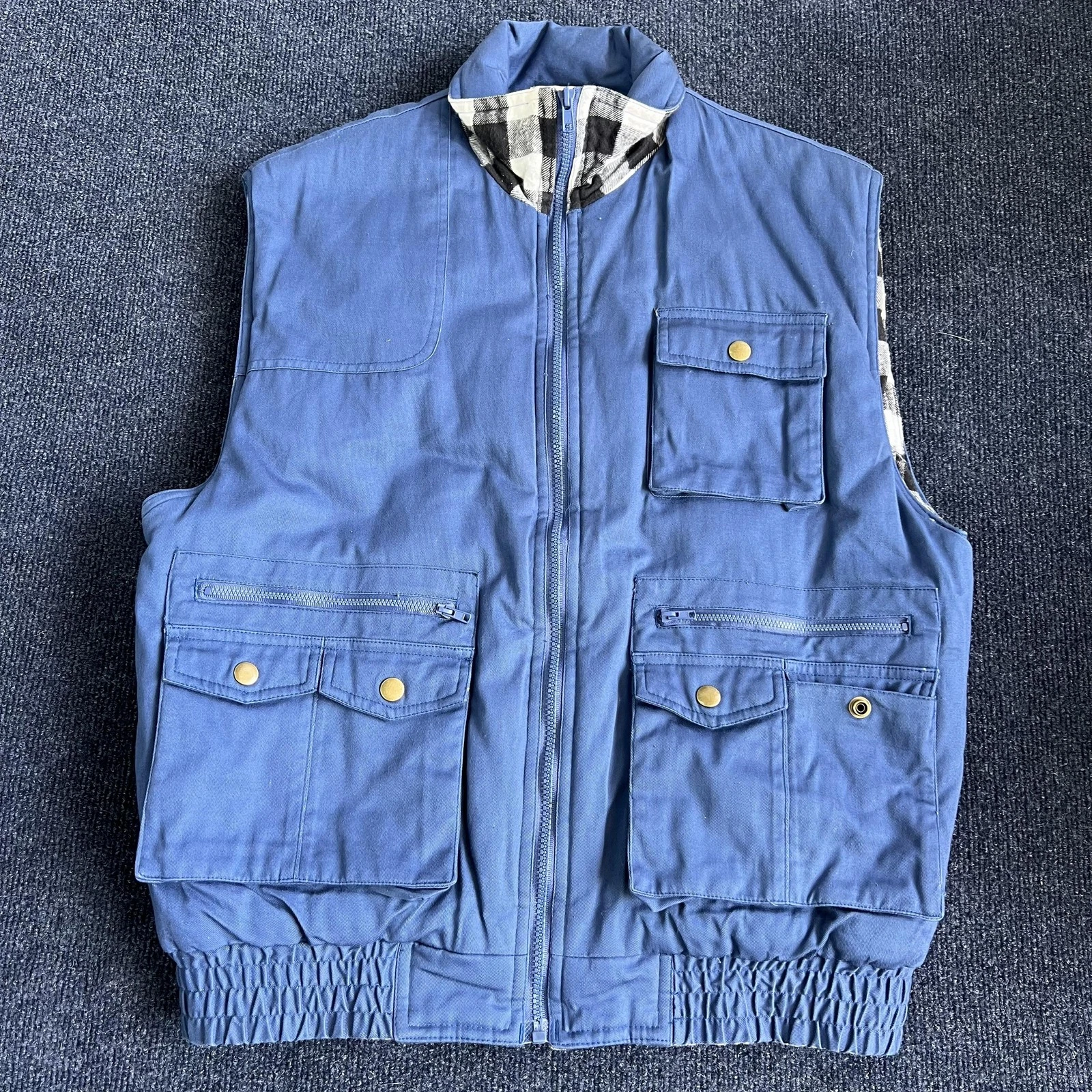Vintage Utility Vest Mens Large Blue Full Zip Plaid Lined Workwear Outdoor
