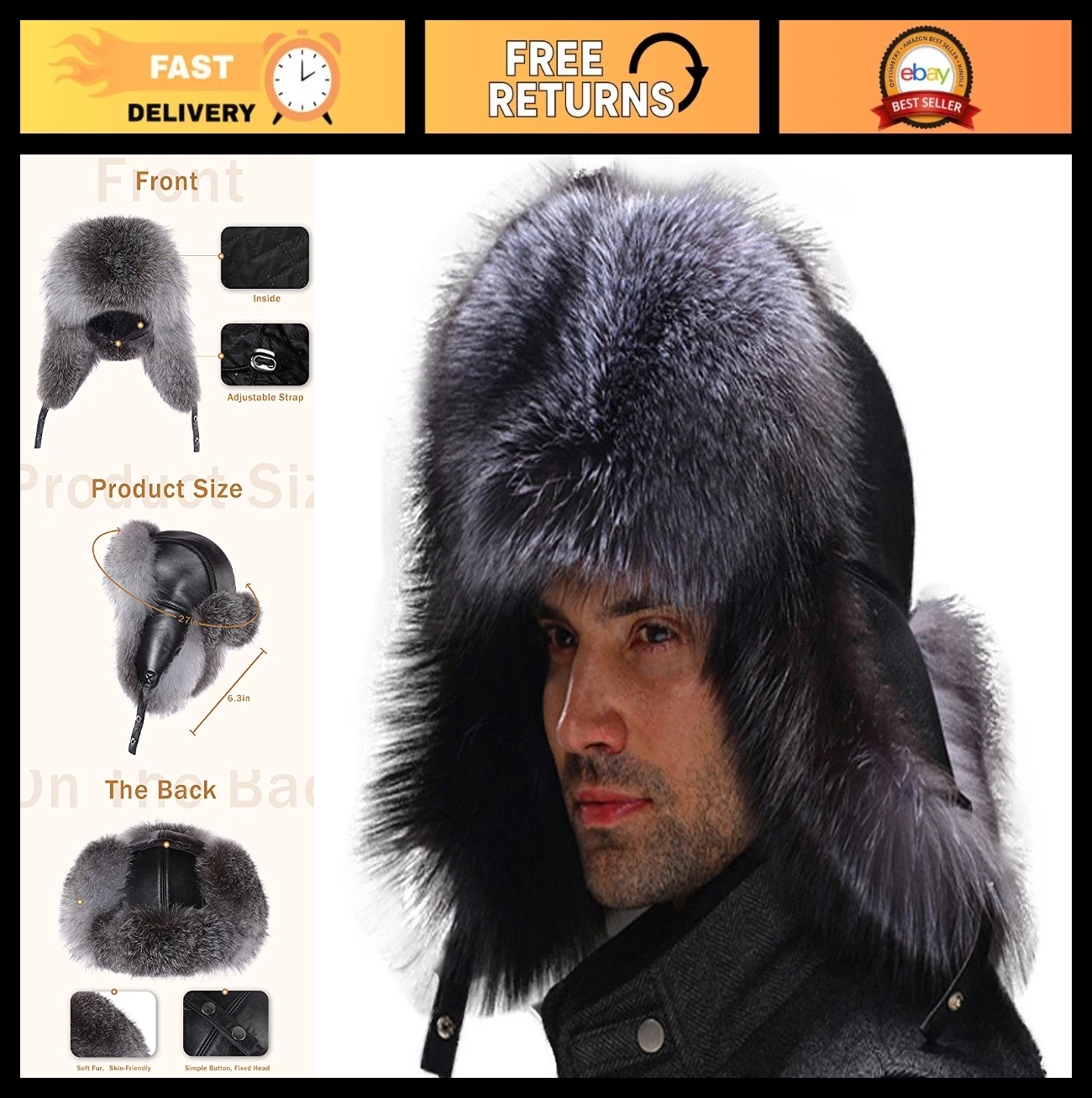 Men's Fur Trapper Hat with Sheepskin Earflaps - Warm Winter Skiing Trooper Hat