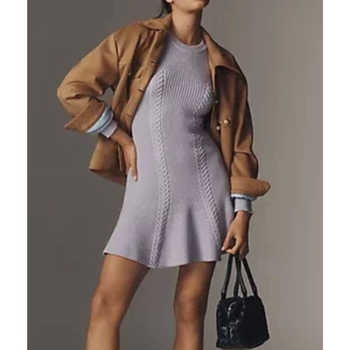 ~ NEW! XL Anthropologie Knit Sweater Dress Skater Mini Lavender Long Sleeve NWT - Picture 2 of 16