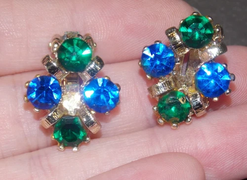 Vintage BLue Green Round Rhinestone Goldtone Clip Earrings Costume Jewelry
