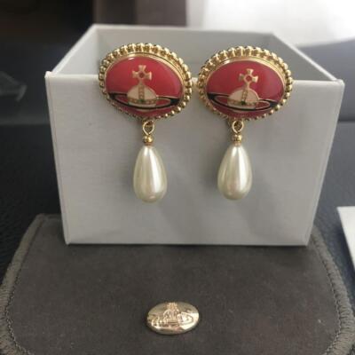 Vivienne Westwood Earrings Pierce Enamel Button Pearl Gold Red NO