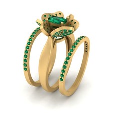 Lab Created Green Emerald Flower Wedding Ring Set 925 Sterling Silver Trio Rings