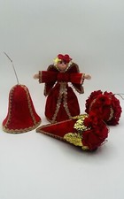 Vintage Set Of 4 Red Velvet Gold Trim Ornaments, Christmas Creations Corp 1971