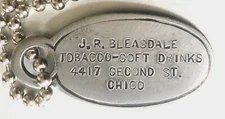 VTG Soft Drink Store Charge Coin Tag: J.R. BLEASDALE; Chico CA; 4417 Second St.