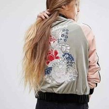 Nwt Glamorous Velvet Asian Inspired Floral Embroidered Bomber Jacket Sz 12