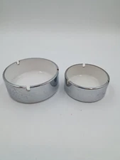 Lot of 2 Vintage Takahashi Chrome and Plastic Ashtray White Japan 4" & 5"