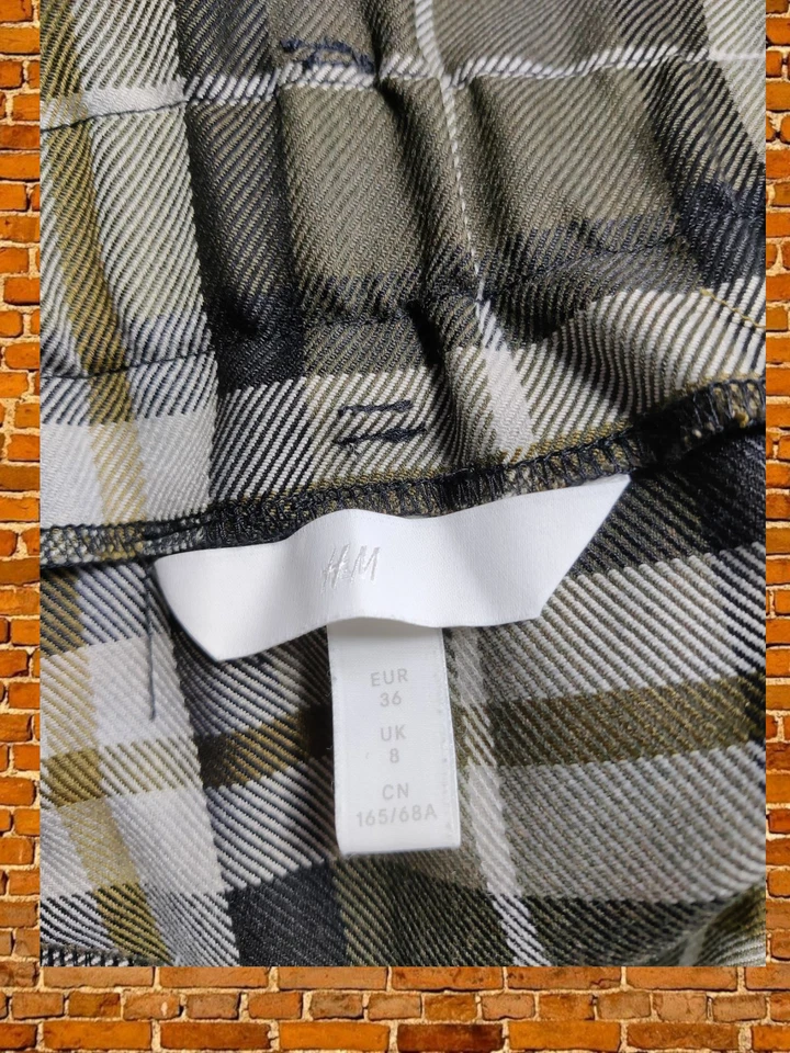 H&M GREEN SKIRT SIZE UK 8 WOMENS LONG PAPER BAG BELTED CHECKERED ZIP UP MIDI  - Image 4 of 4
