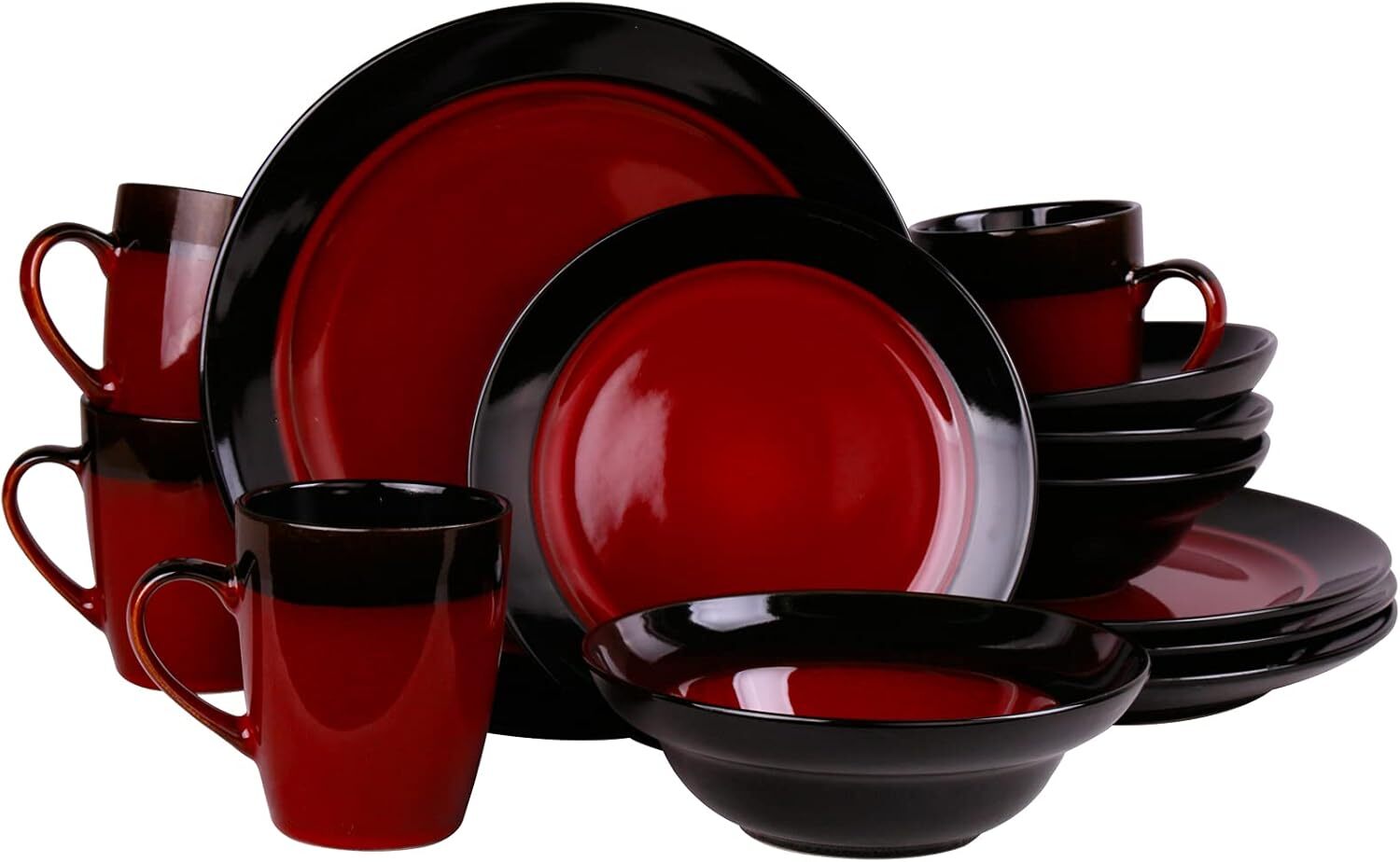 Round Stoneware Two Tone Dinnerware Set, 16 Piece, Bright Red and Black