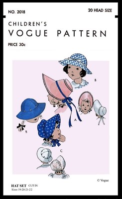 Vogue 2018 PATTERN GIRLS Doll BABY Bonnet Hats Caps Toddler 20'' Head