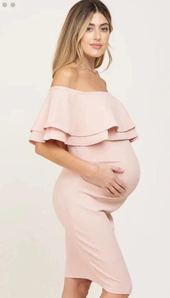 Pink blush maternity top off the shoulder dress