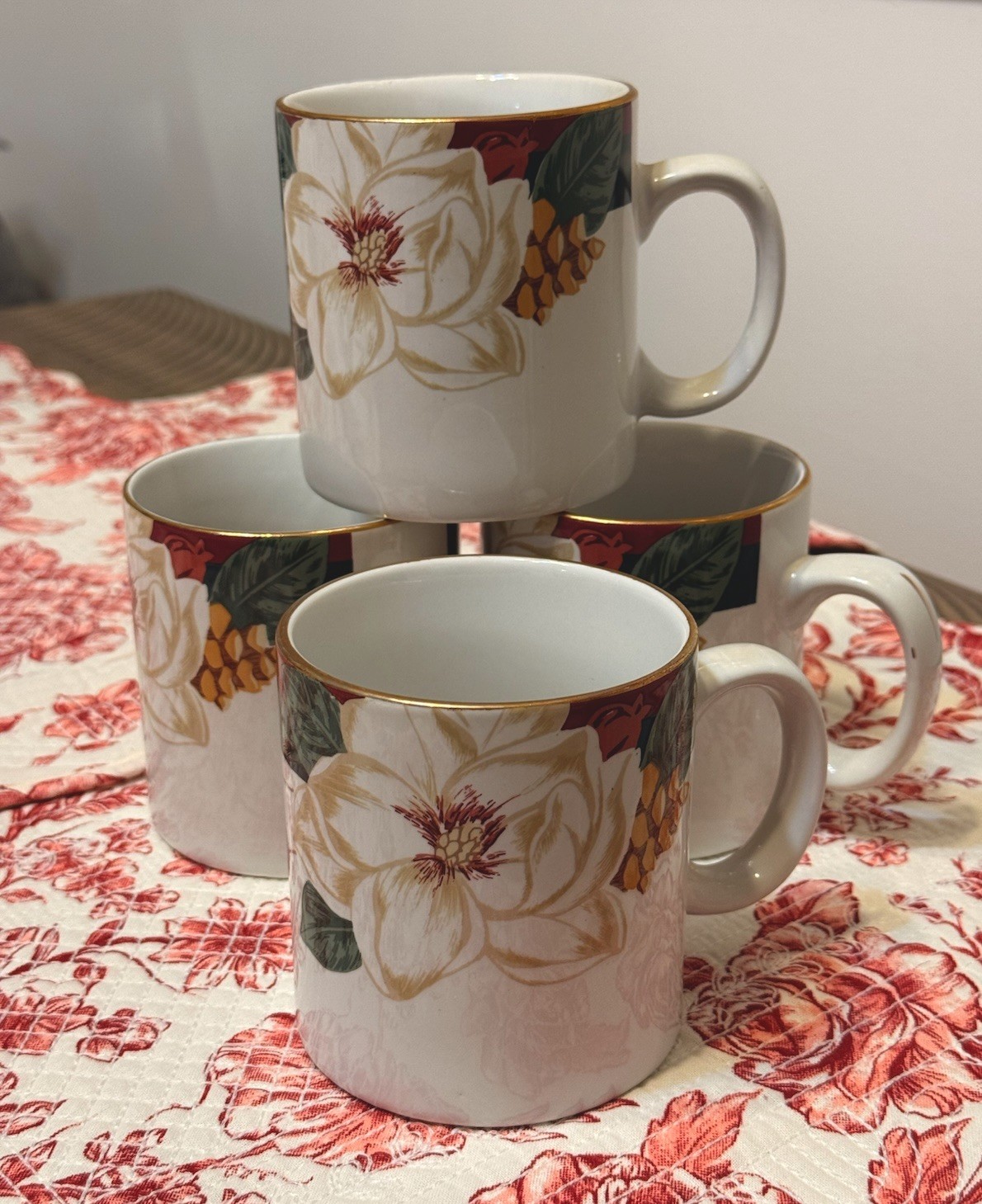 TIENSHAN Fine China Magnolia 4pc Coffee Mugs 14oz Excellent Condition