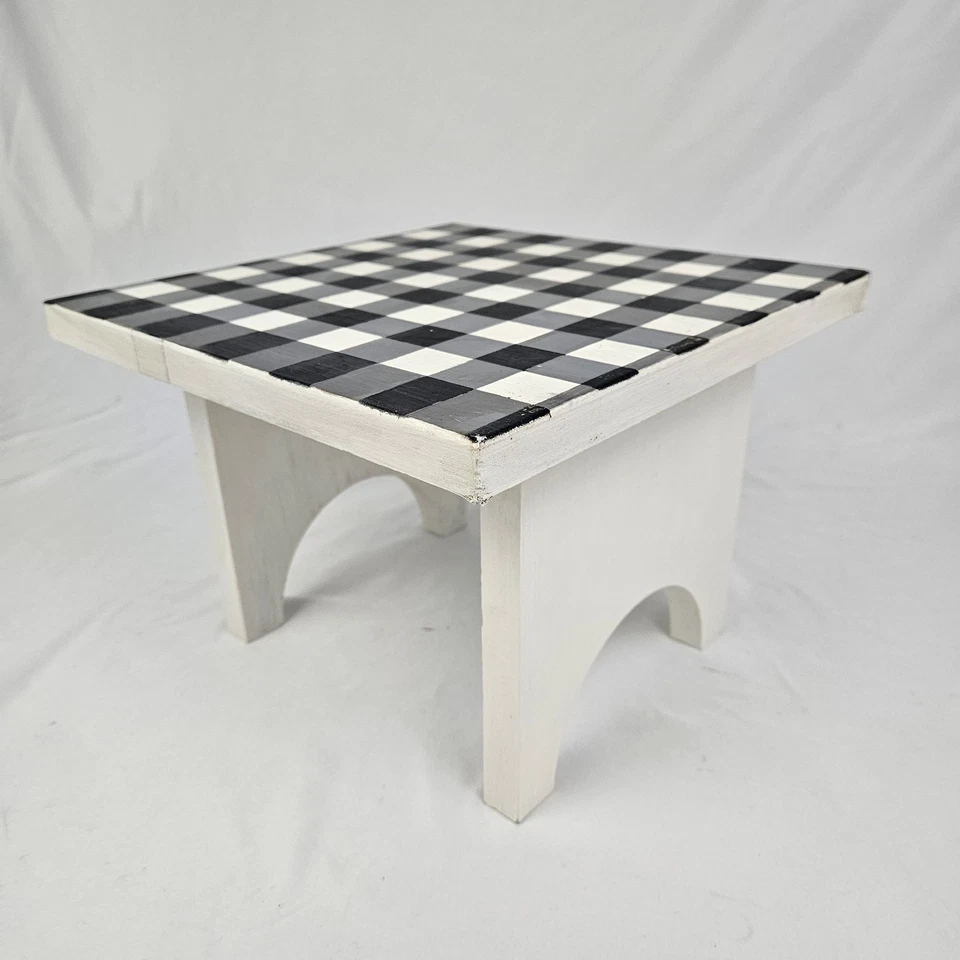 Vintage Farm Milking Stool Footstool Plant Stand Primitive Gingham Check Top - Image 3 of 4