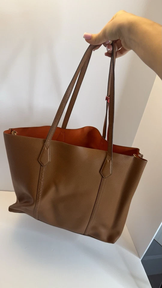 Tory Burch Perry Large Leather Tote Brown Orange Interior Shoulder Bag - Image 4 of 4