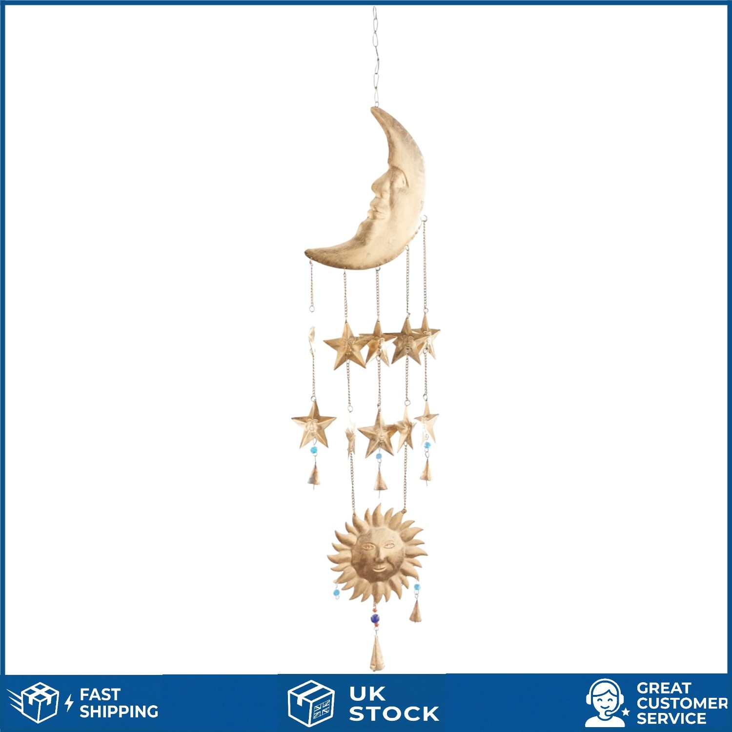Eclectic Gold Metal Sun Moon and Stars Windchime with Beads 1W x 39H