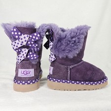 UGG Bailey Bow Boots Toddler Girls 7 Purple Suede Polka Dot Sheepskin Fur