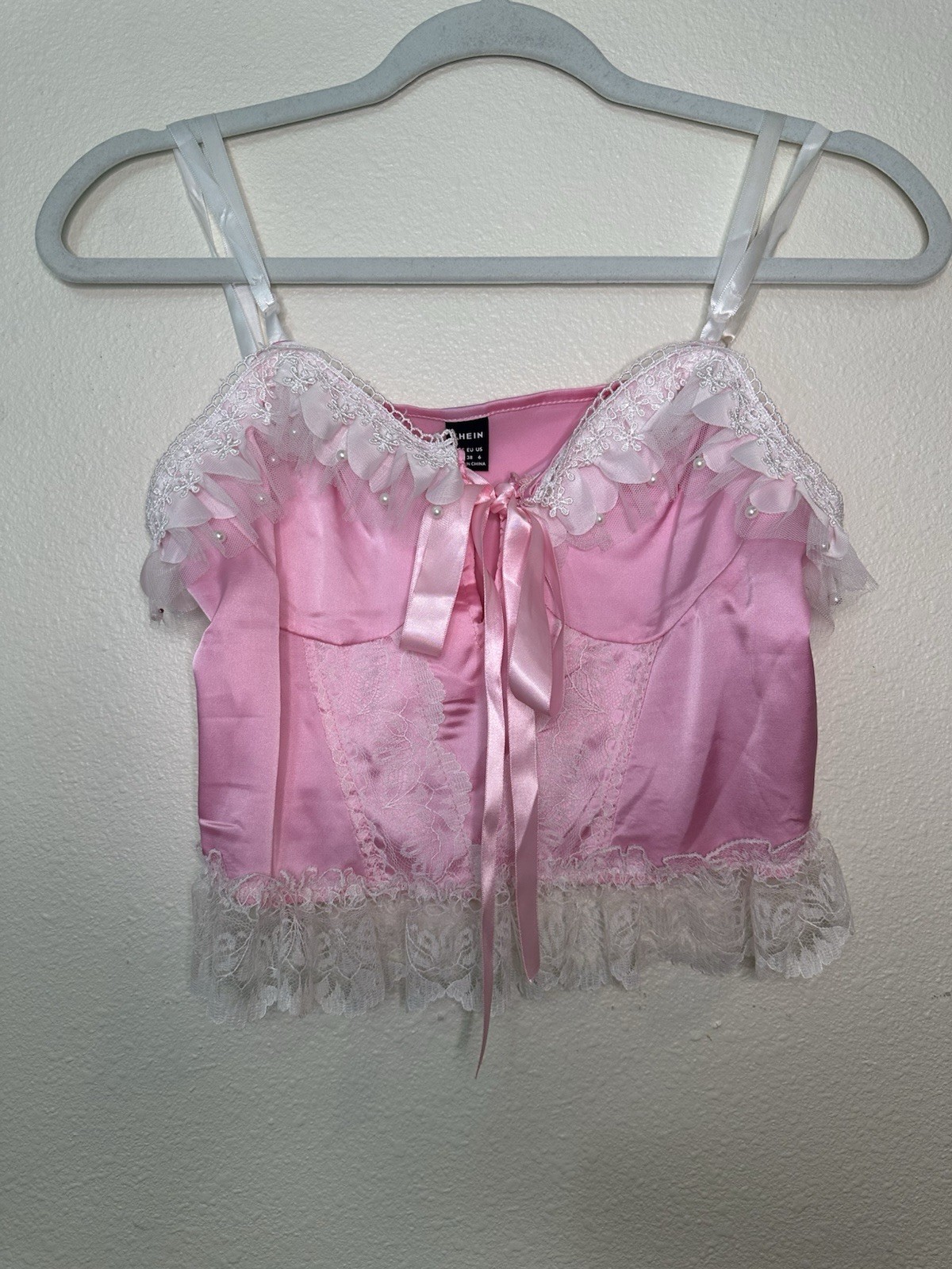 SHEIN ROMWE Pink Lace Bow Cami Satin Ruffle Fairycore Y2K Coquette Top lingerie