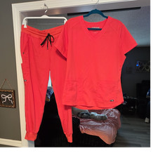 Grey's Anatomy by Barco Red Medical Scrubs Set Solid Top  Pants Size L RN50681