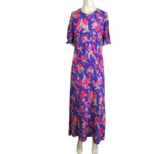 Rixo Floral Maxi Dress Purple Pink Short Sleeve Lace Trim Size Large 10