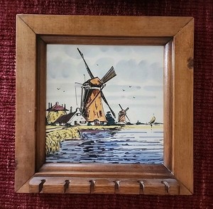 VINTAGE Holland Ceramic Tile Spoon Holder Windmill Farm Wood Wall Hanging Dutch