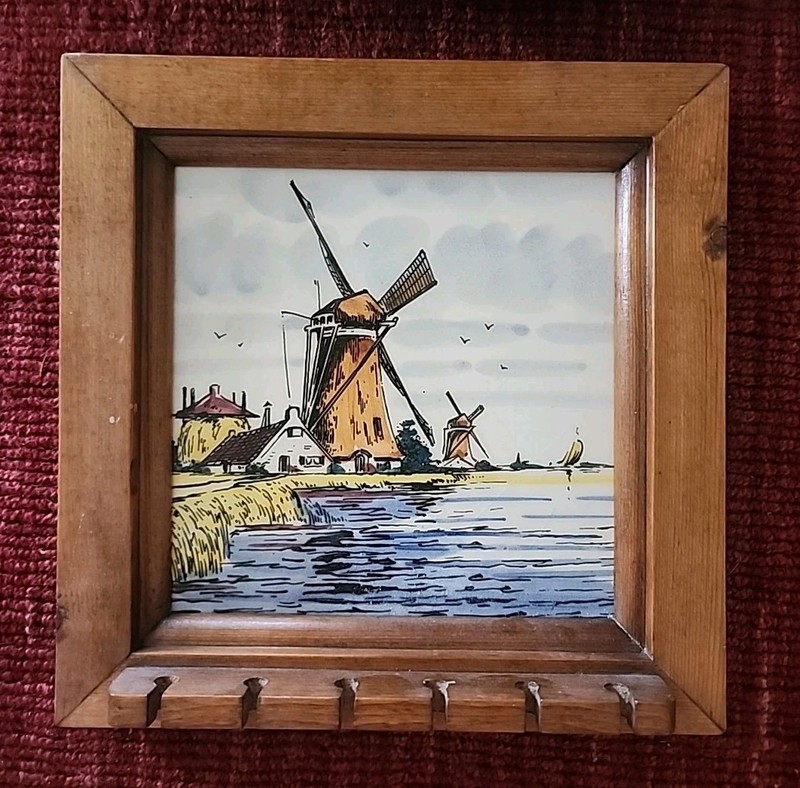 VINTAGE Holland Ceramic Tile Spoon Holder Windmill Farm Wood Wall Hanging Dutch