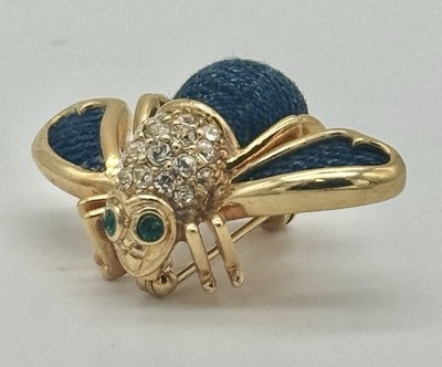 Joan Rivers Signed Gold Plated DENIM & PAVE CRYSTAL Bee Pin Brooch