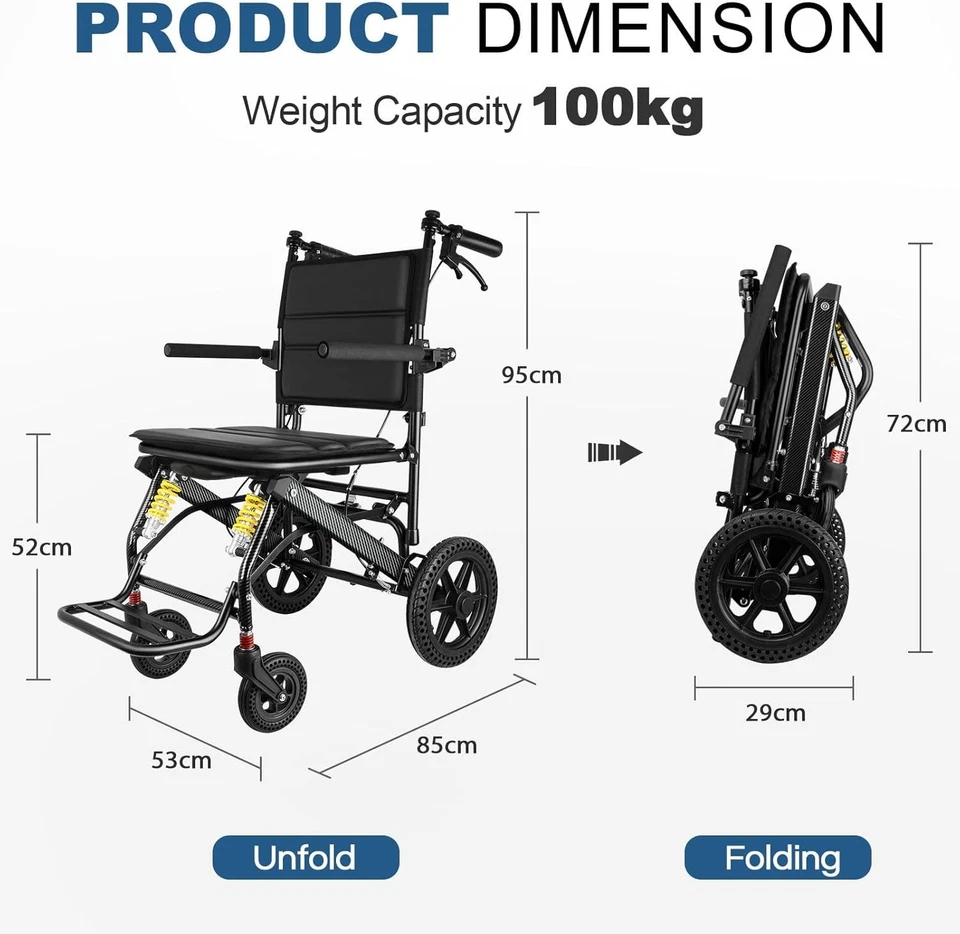 Schwarzer, Zusammenklappbarer Transportrollstuhl, 11,8kg Ultraleichter Rollstuhl - Bild 2 von 4