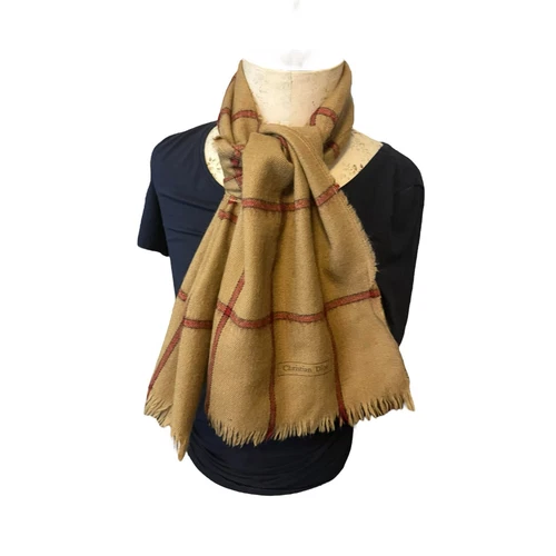 Foulard à carreaux Christian Dior vintage laine marron et rouge 50x12 pouces