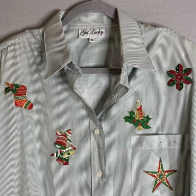 Get Lucky XL Green White Striped Christmas Star Stocking Bell Shirt Button Down