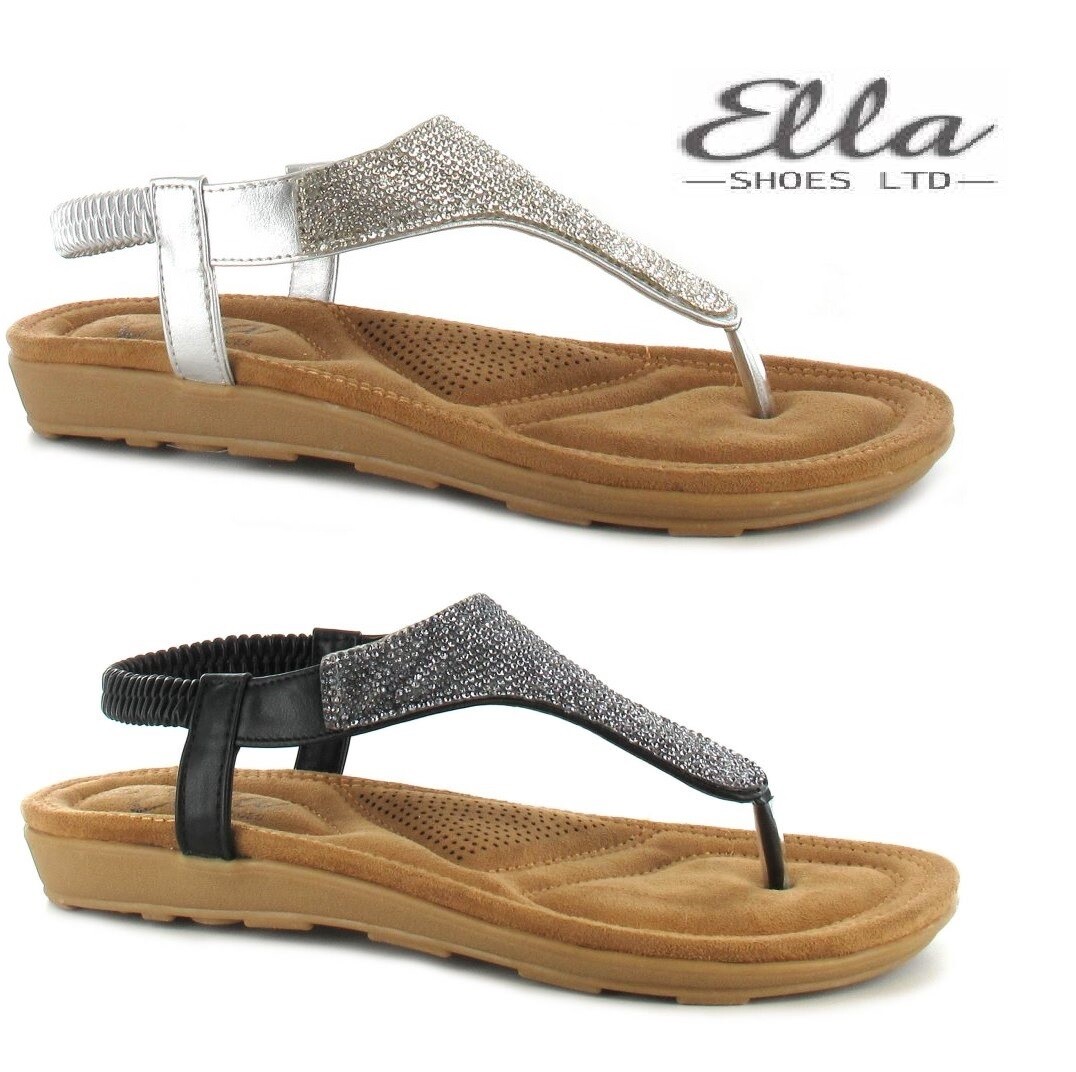 LADIES WOMENS ELLA DIAMANTE CUSHIONED TOE POST SLINGBACK SANDALS NEW SIZE 4  - 8 | eBay