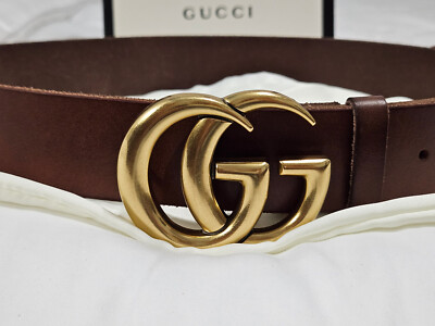Authentic Brown Leather Gucci Belt 1.5'' Width Gold GG 34/36 100cm Unisex