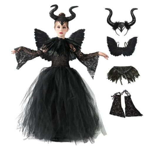 Neu 5 Stück Set Kinder Maleficent Cosplay Kostüm Kleid Mädchen Halloween Outfit - Bild 1 von 21
