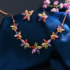 Rose Gold Plated Flower Stud Earrings Necklace Cubic Zirconia Bridal Jewelry Set