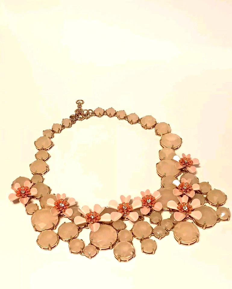J CREW Jeweled Necklace Beige w/Vibrant Pink Water Lilies Spring Ring Closure - Image 4 of 4