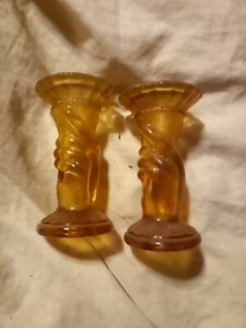 2 FENTON STRECH AMBERINA GLASS 4" HAND VASE VASES CANDLE HOLDERS They Glow