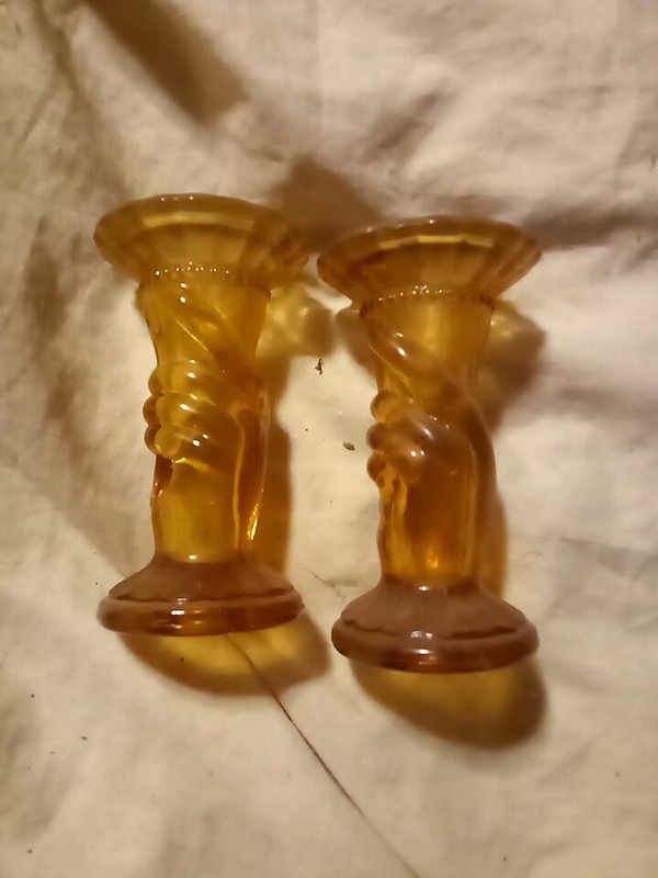 2 FENTON STRECH AMBERINA GLASS 4" HAND VASE VASES CANDLE HOLDERS They Glow