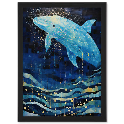 Blue Whale Breach Winter Waters Moonlit Seascape Waves Framed Wall Art Print A4