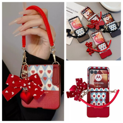 Luxury Heart Bow Pendant Strap Leather Case For Motorola Razr+2025 2024 60/50