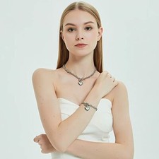 Women  s Silver Gold Stainless Steel Heart Pendant Necklace Bracelet Jewelry Set