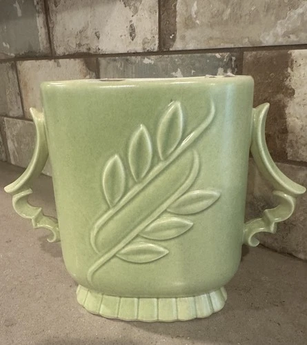 Vintage Red Wing Pottery Vase, Double Handle 1174, Embossed Leaves MCM