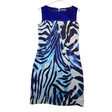 Tahari Zebra Print Sheath Dress Women 6 Blue Sleeveless Lined Career Statement