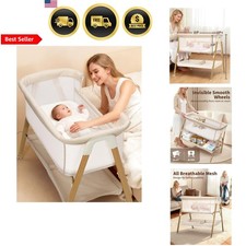 Baby Bassinet Bedside Sleeper Crib with Mattress Storage Wheels Mesh Beige