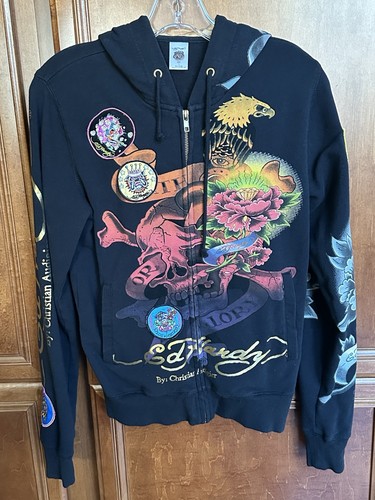 RARE Ed Hardy Size S Death Or Glory Zip Black Hoodie 7 Embrd Patches Skull Y2K - Picture 1 of 20