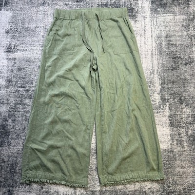 Thread Supply Pants Womens Large Sage Wide Leg Crop Linen Blend Fray Hem Coastal