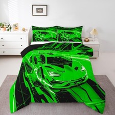 Green Race Car Comforter Set Twin Size Extreme Sports Theme Bedding Set for B...