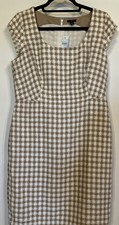 Ann Taylor Beige Gingham Tweed Scoop Neck Front Sheath Dress  12 Petite Zip Back