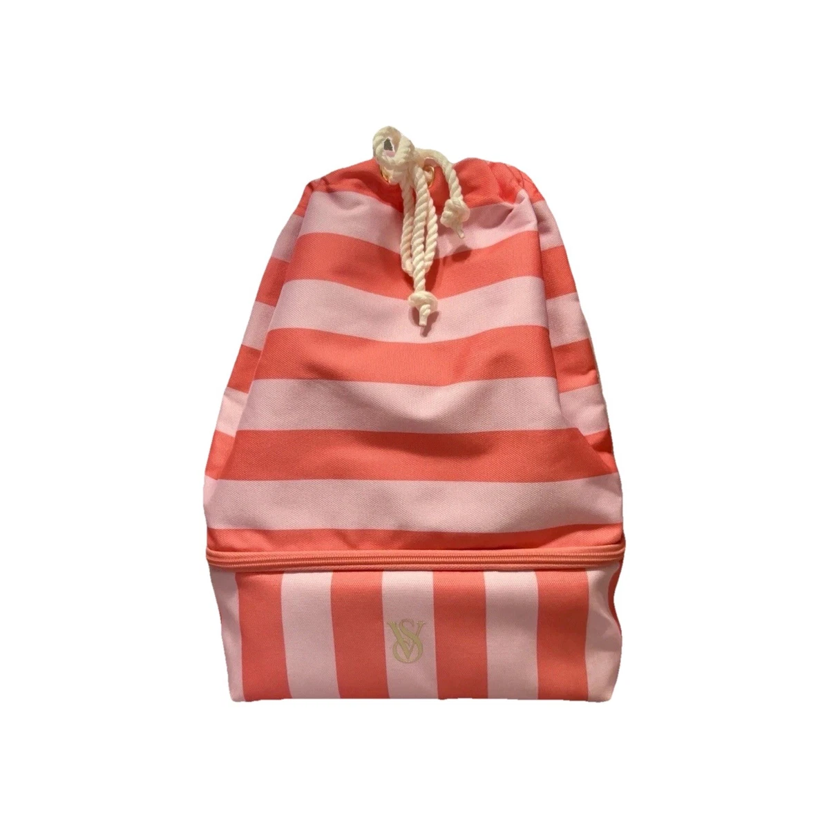 Victoria\'s Secret Pink and Coral Striped Drawstring Backpack with Lower Zip New Victoria Secret Coral/Pink Stripe Drawstring Beach Bag  main image 3