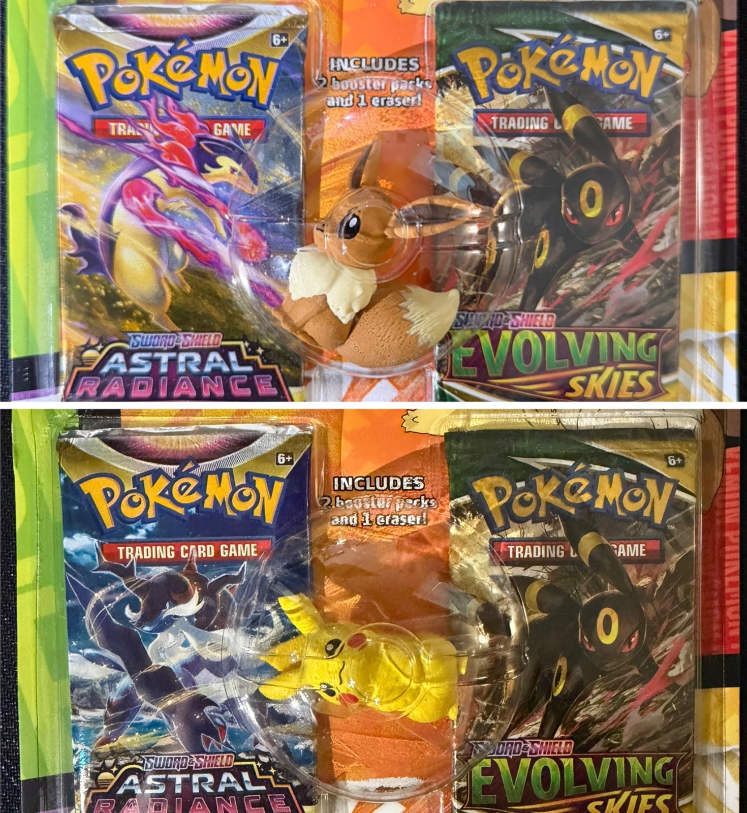 Back to School Eraser Blister Sealed Set of 2 Pikachu & Eevee + 2 Evolving Skies