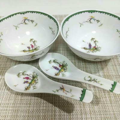 Raynaud Limoges Si Kiang Bowl Spoon No3 No4 Porcelain White Green
