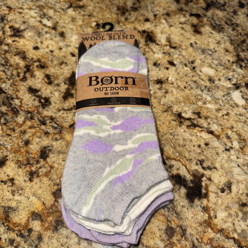 Born Outdoor Womens Size 4-10 Purple Gray Wool Blend No Show Ankle Socks 3 Pack